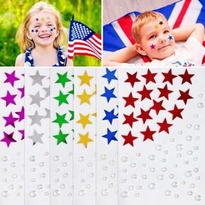Metallic 4th of July Blue Red Stars Face Gems Stickers, 6 Sheets Self Adhesive Face Jewels Hair Gems Sparlking Stickers for Eyes Body Make Up Festival Cos Crafts DIY Party Favors Supplies