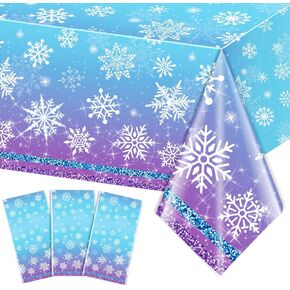3Pcs Winter Snowflake Tablecloth, Frozen Wonderland Plastic Table Cloth, Blue and Purple Snowflake Winter Wonderland Disposable Table Cover for Christmas Winter Party Supplies, 54x108 Inch