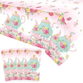 KEFAN 4 Pieces Tea Birthday Party Tablecloths Supplies, Rectangle Tea Theme Birthday Party Table Cover, Tea Party Plastic Tablecloths for Girls Birthday Party Decorations, 51 x 86 Inch, Large