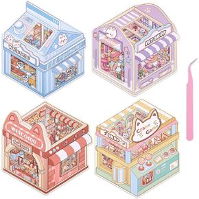 8 Sets 3D Miniature House Stickers, DIY Diorama Stickers Convenience Store Bakery Pet Shop for Adults & Kids, Stress Relief Fun Pastime