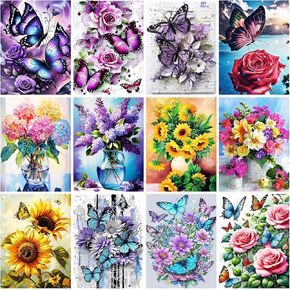 BWFY 12 Pack Butterfly Diamond Art Kits for Adults, Flowers 5D Diamond Painting Kit for Beginners, DIY Full Drill Diamonds Paintings Gem Art by Number Gift Home Wall Decor (12x16 Inch)