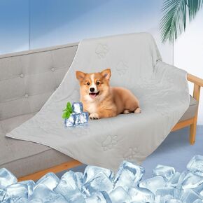 EXPAWLORER Premium Dog Cooling Blanket,High Q-MAX 0.4+ Cold Washable Pet Mat with Cute Paw Pattern for Hot Weather,Lightweight Summer Dog Cooling Mat for Puppy,Cat (Grey,28x40 inches)