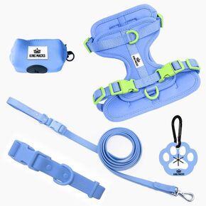 King Macks Dog Harness Set with Collar and Leash, Waste Bag Holder and Dirty Waste Bag Clip, Adjustable for Small/Medium/Large Dogs, Lightweight (Blue with Green, Small)