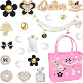 Charms Compatible with Bogg Bag Accessories,Elegant Pearls Butterfly Flowers Bow Charms Set,Southern Beach Tote Insert Decorations,Summer Vacation Essentials
