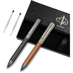 YUNCHUN 2PCS Wood Ballpoint Pen, Vintage Wooden Medium Point Ball Pen with 2 Black Ballpoint Refills, Luxury Handmade Gift Set for Men & Women, Office Executive Retractable Ball Pens, Slanted Pen Cap