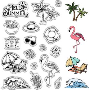 CRASPIRE Summer Vacation Clear Stamps Hawaiian Tropical Coconut Tree Beach Flamingo Reusable Retro Transparent Silicone Stamp Seals for Holiday Card Making Decor DIY Scrapbooking Supplies