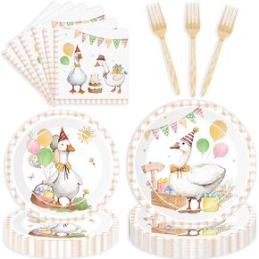96 Pcs Funny Goose Birthday Decorations, Cute Goose Themed Party Supplies Tableware Set for 24 Guests with Plates Napkins Forks, for Kids Birthday Baby Shower Animal Farm Theme Party