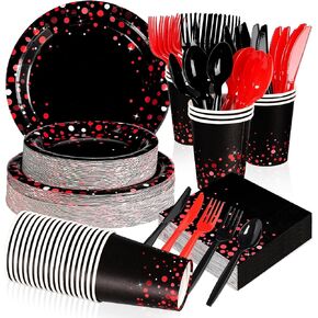 Grencian 168Pcs Black and Red Party Decorations Red Dot on Black Plates Napkins Cups Forks Knives Spoons Disposable Paper Tableware for Graduation Birthday Wedding Party Supplies, Serves 24