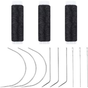 Needle Thread Set for Hair Extension 3 Rolls Sewing Threads for Sewing Hair 9 Pcs C J I Shape Curved Needles Wig Making Weaving Thread Polyester Hand Extensions Tool