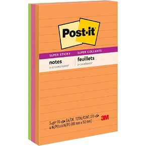 Post-it Super Sticky Lined Notes, 3 Sticky Note Pads, 4 x 6 in., Ideal for Organization in Your Dorm, Home or Office, Energy Boost Collection
