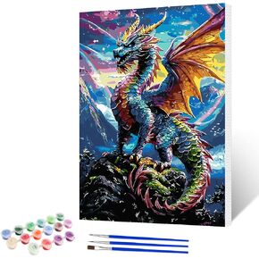 NAIMOER Colourful Dragons Paint by Numbers Kits for Adults Beginner with Wooden Framed, Color by Numbers on Canvas Painting Kits for Adults, Easy Paint DIY Acrylic for Home Wall Decor 12X16 Inch