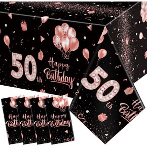 4 Pcs 50th Birthday Tablecloth Black and Rose Gold Table Covers 54 x 108 Inch Disposable Pink Rose Plastic Tablecloth Decorations Supplies for Girls Women