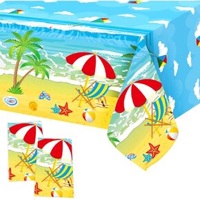 Summer Beach Tablecloth 2 Pack Plastic Hawaiian Decorations for Pool Party, Baby Shower, Outdoor Picnic, Beach Theme Birthday Party Supplies - 54 x 108 Inches Rectangular Table Cover