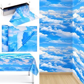 Oudain 1 Roll 1181 x 59 Inch Blue Sky White Clouds Tablecloth Clouds Table Cover Sky Themed Backdrop Classroom Decor Blue Plastic Bulletin Board for Birthday Party Decoration Baby Shower Supplies