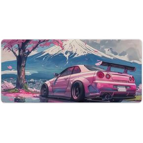 Large Mouse Pad Pink JDM Car R34 Mount Fuji Cherry Blossoms Overlock Edge Rubber Desk Mat Computer Accessories Gaming Office Decor Table Pad Essentials Keyboard Pads for Desk 30x60cm