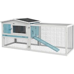 PawHut Rabbit Hutch 2-Story Bunny Cage, Guinea Pig Cage, Small Animal House with Slide Out Tray, for Indoor Outdoor, 61.5" x 23" x 27", Light Blue