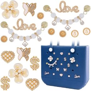 Charms for Bogg Bag, Butterfly Flowers for Bogg Bag Accessories Charms, Gold Charm & Bling Pendant Chain Compatible with Simply Southern Beach Bags Tote, Insert for Rubber Beach Tote Handbag (18 Pcs)