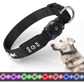 LED AirTag Dog Collar - Brightest Light Up Dog Collars - IP67 Waterproof Air Tag Dog Collar Holder - 1,600 Feet of High Visibility - USB C Rechargeable - Dog Lights for Night Walking, (Blue, L)