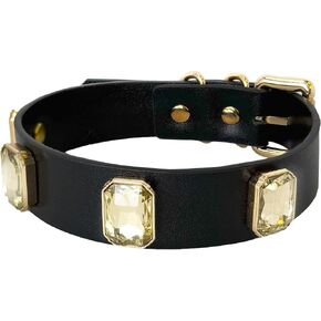 Handmade Black Vegan Leather Dog Collar with Large Crystal Accents for Medium Large Dog, Adjustable Breathable Leather Puppy Collar with Alloy Buckle. Classic Pet Collar. L