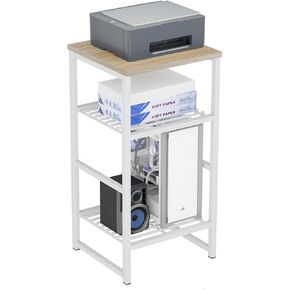 Industrial Printer Stand 3 Tier, Home Printer Wood Table with Wire Storage Shelf for Scanner Fax Machine, Heavy Duty Metal, Black