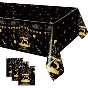 PANDECOR 3 Pack Party Party Party Tableloth ، 51 '× 107' 'غطاء طاولة بلاستيكي أسود وذهبي لزخارف حفلة عيد الميلاد (75 عامًا)