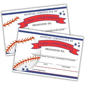 T-Ball Achievement Awards Certificates 30pk 6x9" Cardstock Superlatives Candy Bar End of Year Season Baseball Little League Tournament Youth Sports