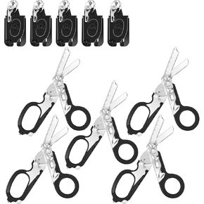 5PCS 6 in 1 Multi-function Foldable Trauma Shears with Compatible Holster, Emergency Response Scissors Outdoor Camping Emergency Tools With Strap Cutter and Glass Breaker (Black)
