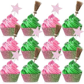 Weysat 24 Pcs Princess and Witch Cupcake Topper Mini Witch Broom and Glitter Star Wand Cake Topper Birthday Party Decorations Pink Green Cake Accessories for Celebrations