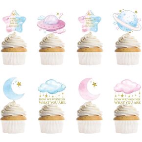 40 Pcs Twinkle Twinkle Little Star Gender Reveal Decorations, Pink and Blue Cupcake Toppers with Moon Stars Clouds Space Designs, Baby Shower Party Supplies for Boy or Girl (8 Designs)