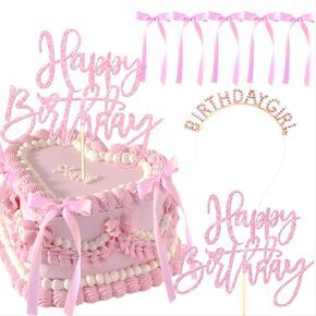 Pink Bow Cake Decorations, Tyotrbs Pink Bows Cupcake Toppers with Birthday Girl Headband Bowknot Ribbons Coquette Bow Party Decorations Bridal Dessert Baby Girl Wedding Party Supplies