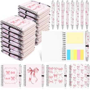 8 مجموعات Pink Coquette Bow Notebook Notebook Journal Pareppoint Pens Preppy Aesthetic Grardcover المحكم مع أجهزة الكمبيوتر المحمولة مع قلم الحبر الأسود القابل للسحب لصالح لوازم جائزة الفصل الدراسي المدرسي للمكتب