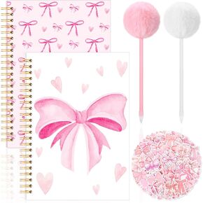 107 Pcs Coquette Pink Bow Stationery Set A5 Aesthetic Spiral Notebook Journals Pink Bow Stickers and Fluffy Pom Pom Pen Cute Pens for Women School Preppy Supplies