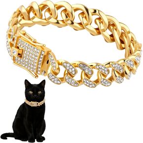 Gold Diamond Dog Chain Collar, Cuban Link Kitten Walking Metal Chain Necklace with Secure Buckle Dog Necklace Glitter Metal Cat Chains Jewelry Accessories for Small Medium Large Pet (Gold)