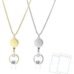 Retractable Lanyards for ID Badges 2 Pack Necklace Chain Lanyard for Women Gold Stainless Steel ID Badge Holder (Gold & Silver)