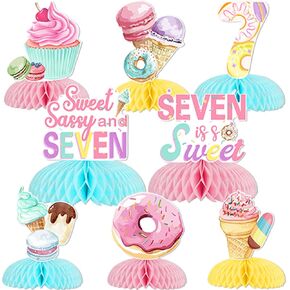 Jollyboom Sweet Sassy and Seven Birthday Decorations Girls, 8pcs Donut Ice Cream 7th Birthday Decorations Table Honeycomb Centerpiece for Girls Seven Is So Sweet 7 Year Old Birthday Party Table Decor