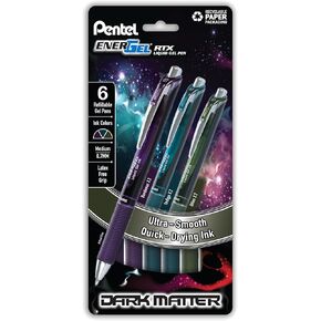 Pentel EnerGel RTX Dark Matter Liquid Gel Pen, (0.7mm), Assorted Dark Ink Colors, Pack of 6 (BL77DMPF6M)