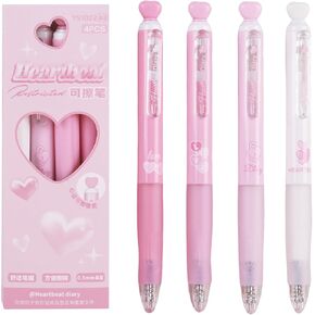4 Pcs Erasable Gel Ink Pens Cute Retractable Pens Aesthetic Pink Heart Pen 0.5mm Black Ink Erasable Pen for Women Girls Boys Men Office School Supplies (Black Ink)