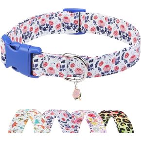 Small Dog Collars for Female Dogs, Cotton Designer Dog Collar Cute Girl Boy Dog Collars with Charms for Small Medium Large Dogs - Adjustable Soft Pet Collar for Spring Summer, Blue Flowers S