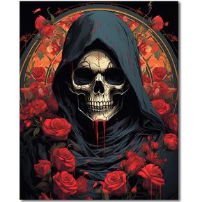 Paint by Number Kits for Adults Beginners, Easy Acrylic Simple Skull Adult Paint by Number Kits, DIY Abstract Skeleton Rose Paint by Numbers Kits on Canvas Without Frame for Home Wall Decor 16x20inch