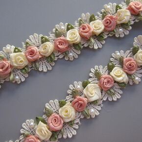 1 Yard Pearl Bead Flower Lace Trim Ribbon Scalloped Zigzag Edge 3.7cm Width Vintage Apricot Edging Eyelash Trimming Fabric Embroidered Applique Sewing Craft Wedding Bridal Dress Clothes Headband DIY