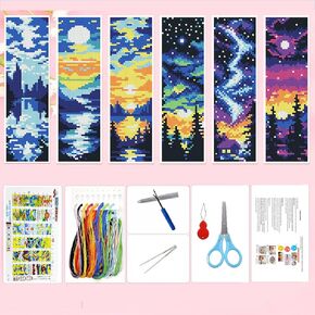 Zhenging 6-Piece Scenery Cross Stitch Bookmark Kit 11x19 Inch Embroidery Cloth with Needles, Threader,Scissors & Tools |DlY Landscape Craft Set for Beginners
