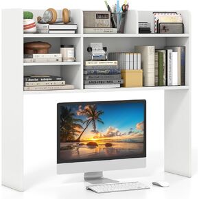 Giantex Desktop Bookshelf, 37" Desk Hutch Dorm for Computer Up to 32 Inch, Countertop Hutch w/6 Storage Shelves, 3-Tier Desktop Organizer Display Rack, Wood Desk Shelf for Home Office (Natural)