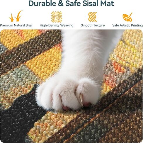 3-in-1 Sisal Cat Scratcher Mat 23.6x15.7 – Durable Scratch Rug for Floor & Wall with Sticker Tape, Protects Couch, Carpet & Furniture, Anti-Slip, Pet-Safe for Indoor/Outdoor Cats, Golden Afterglow in Kuwait