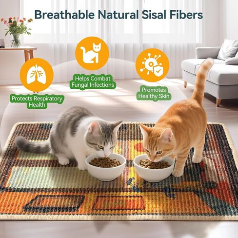 3-in-1 Sisal Cat Scratcher Mat 23.6x15.7 – Durable Scratch Rug for Floor & Wall with Sticker Tape, Protects Couch, Carpet & Furniture, Anti-Slip, Pet-Safe for Indoor/Outdoor Cats, Golden Afterglow in Kuwait