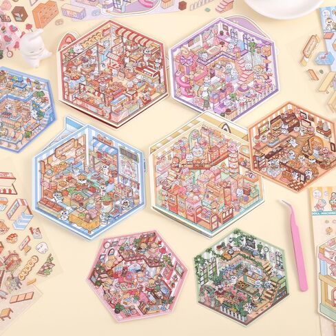 8 مجموعات ثلاثية الأبعاد ملصقات منزل مصغرة ، DIY Diorama ملصقات متجر متجر أليف مخبز للبالغين والأطفال ، والتوتر هو هواية المرح in Kuwait