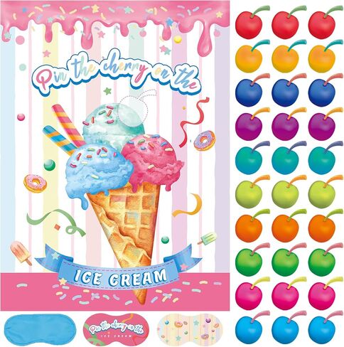 Pin The Cherry on The Ice Cream Game 21'' x 28'' Large Ice Cream Party Games Poster with 30 Pcs Cherry Stickers Birthday Party Decorations Supplies for Kids in Kuwait
