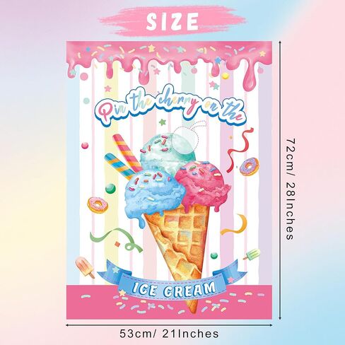 Pin The Cherry on The Ice Cream Game 21'' x 28'' Large Ice Cream Party Games Poster with 30 Pcs Cherry Stickers Birthday Party Decorations Supplies for Kids in Kuwait