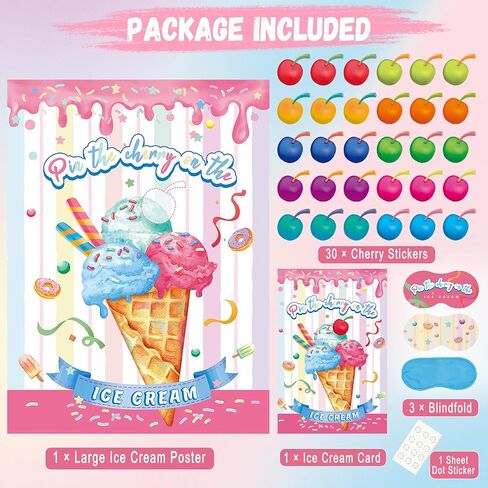 Pin The Cherry on The Ice Cream Game 21'' x 28'' Large Ice Cream Party Games Poster with 30 Pcs Cherry Stickers Birthday Party Decorations Supplies for Kids in Kuwait