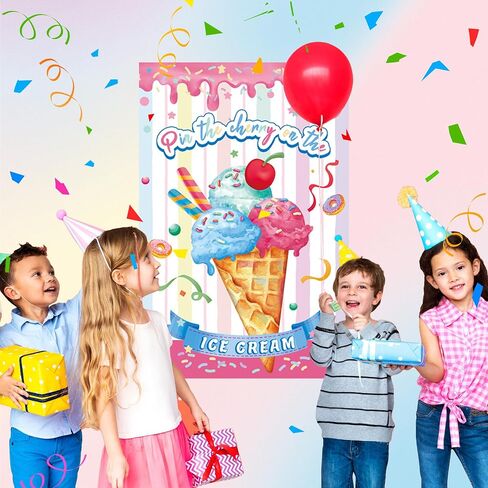 Pin The Cherry on The Ice Cream Game 21'' x 28'' Large Ice Cream Party Games Poster with 30 Pcs Cherry Stickers Birthday Party Decorations Supplies for Kids in Kuwait