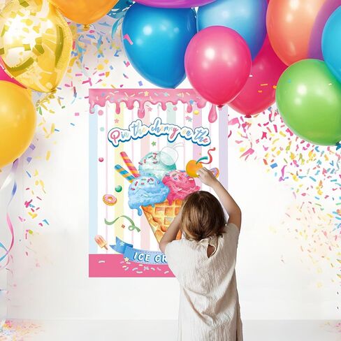Pin The Cherry on The Ice Cream Game 21'' x 28'' Large Ice Cream Party Games Poster with 30 Pcs Cherry Stickers Birthday Party Decorations Supplies for Kids in Kuwait